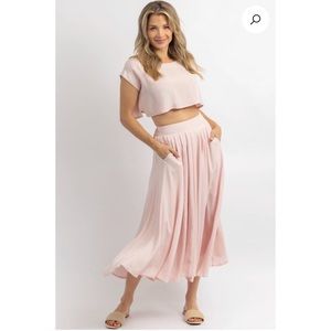 NWT Petal Pink Linen Like Crop + Midi Skirt Top Set L